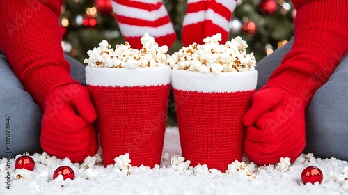 Cozy Couple Enjoying Popcorn in Festive Winter Scene photo