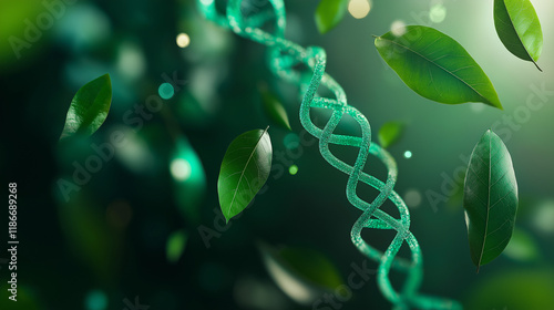 DNA strand floats among vibrant green leaves, symbolizing nature's genetic code. photo