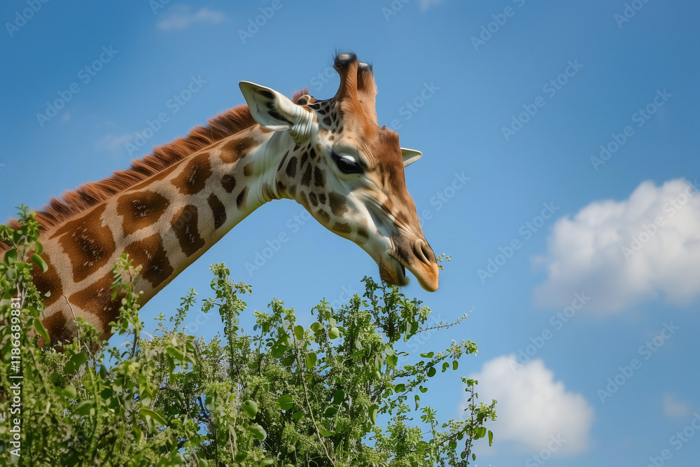 Fototapeta premium Tall Giraffes Gracefully Feeding on Fresh Foliage in a Serene Zoo Habitat, Capturing Nature's Elegance and Wildlife Charm