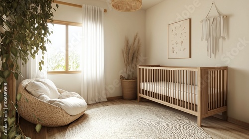 Cozy nursery with wooden crib and natural decor