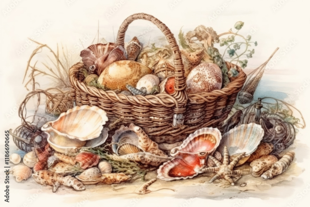 marine still life with shells and seafood All empty nets. on a white background, watercolor style, Generative AI marine still life with shells and seafood All empty nets. on a white background, watercolor style, Generative AI