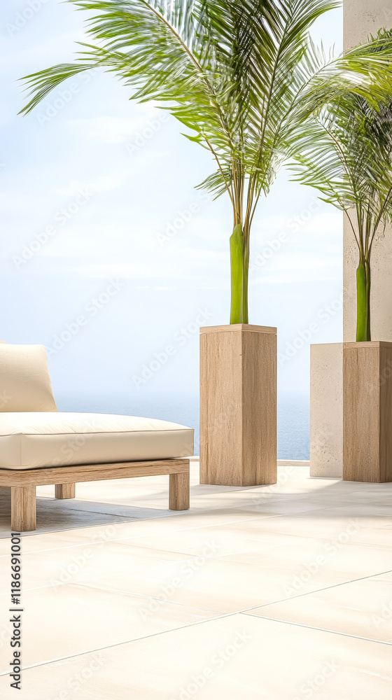 Fototapeta premium Stylish patio with tropical plants and modern furniture overlooking the ocean