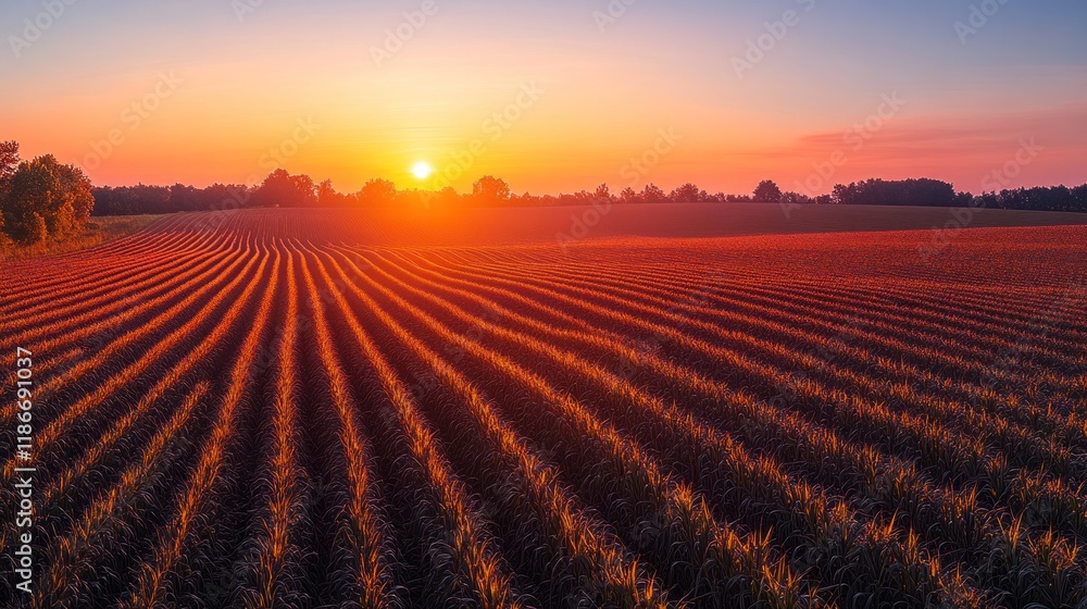 Obraz premium Sunrise over plowed field, rural landscape.