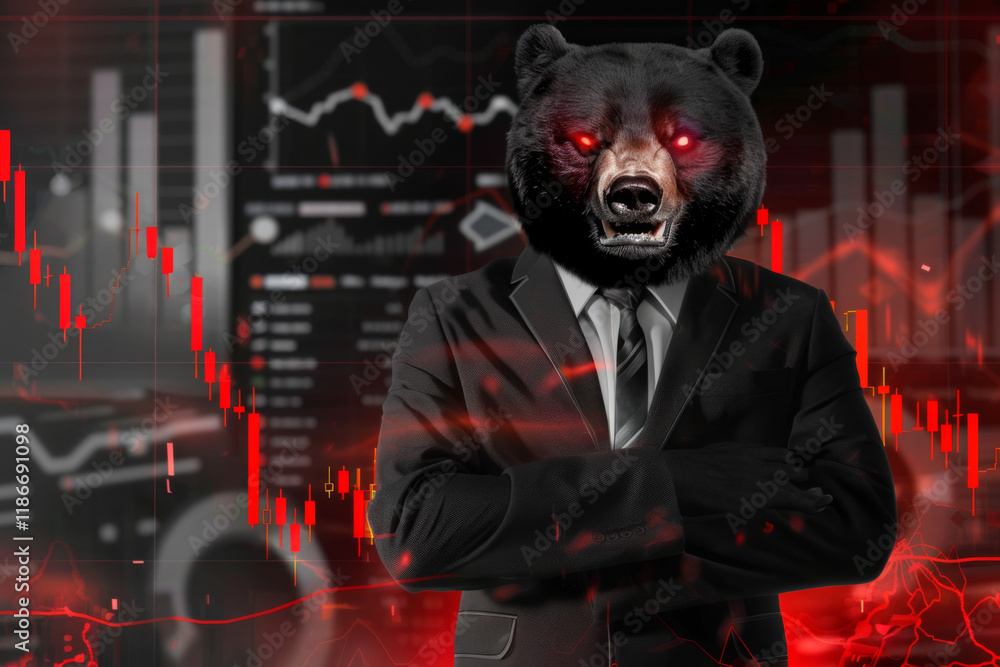 Angry bear with red eyes in a suit stands confidently against a backdrop of financial market data in a dimly lit room Angry bear with red eyes in a suit stands confidently against a backdrop of financial market data in a dimly lit room