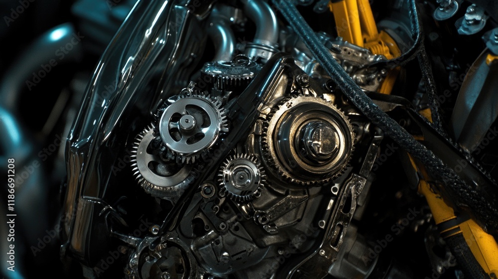 High-quality image of a motorcycle engine viewed from up close, highlighting its intricate details and mechanics High-quality image of a motorcycle engine viewed from up close, highlighting its intricate details and mechanics