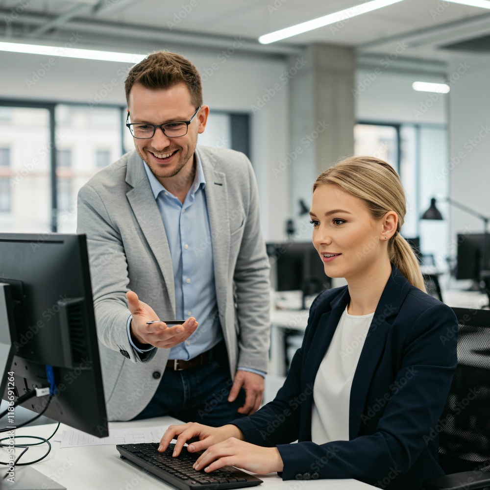 Smiling Caucasian Business Professionals Collaborating on a Project in a Modern Office Environment Smiling Caucasian Business Professionals Collaborating on a Project in a Modern Office Environment