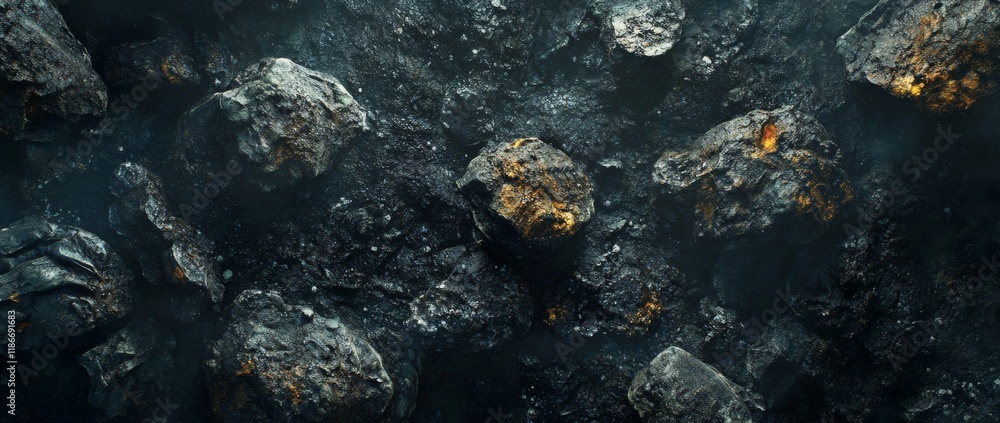 Dark rocky surface with glowing embers depicting geological features and potential volcanic activity Dark rocky surface with glowing embers depicting geological features and potential volcanic activity