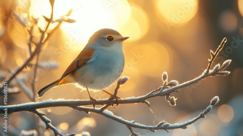 Small bird perched on a snowy branch at sunrise.