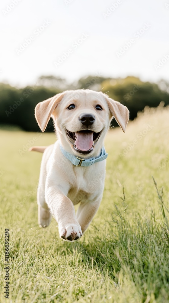 A cheerful Labrador puppy running through a field with floppy ears and a joyful expression framed by a golden sunset for extra charm A cheerful Labrador puppy running through a field with floppy ears and a joyful expression framed by a golden sunset for extra charm