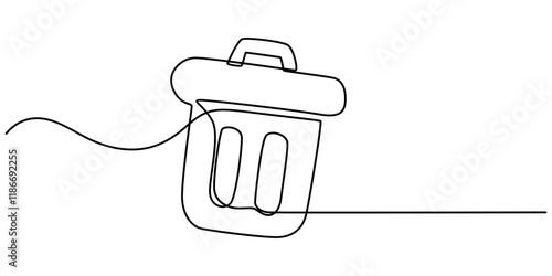 One continuous line drawing of metallic garbage container. Recycling waste dustbin in simple linear style. Trash box with opened, Continuous line drawing Trash can icon concept
