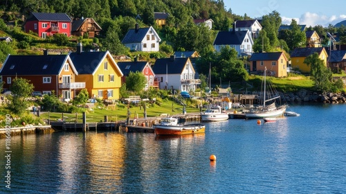 Colorful Coastal Village Houses Boats Calm Water Sunny Day Scenic View