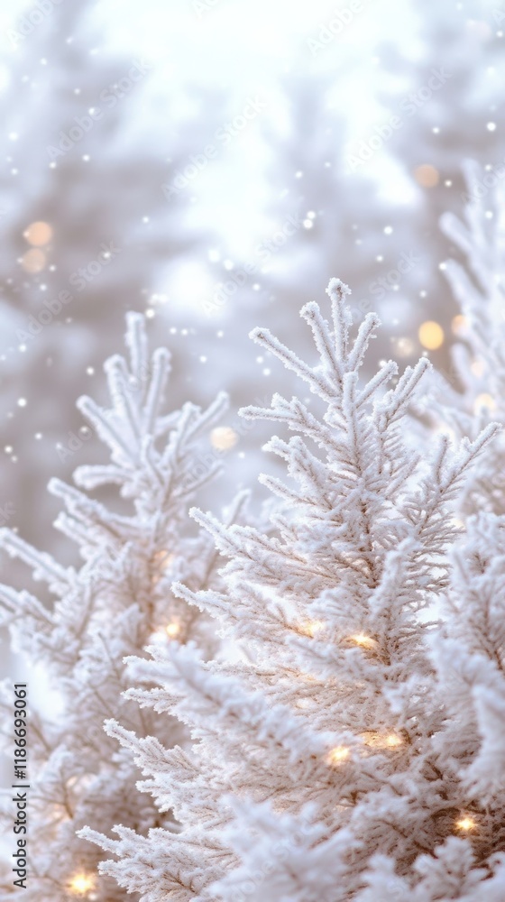 Fototapeta premium A cozy winter scene with snow covered pine trees warm glowing cabin lights and falling snowflakes ideal for seasonal background wallpapers 
