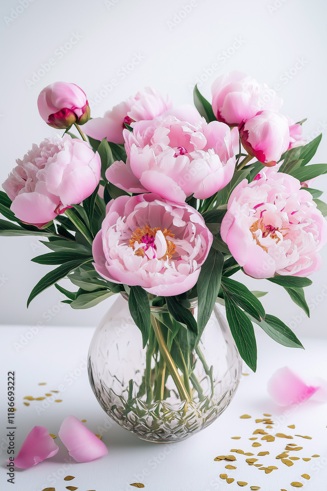 Pink peonies in a glass vase. Delicate and romantic. Pink peonies in a glass vase. Delicate and romantic.