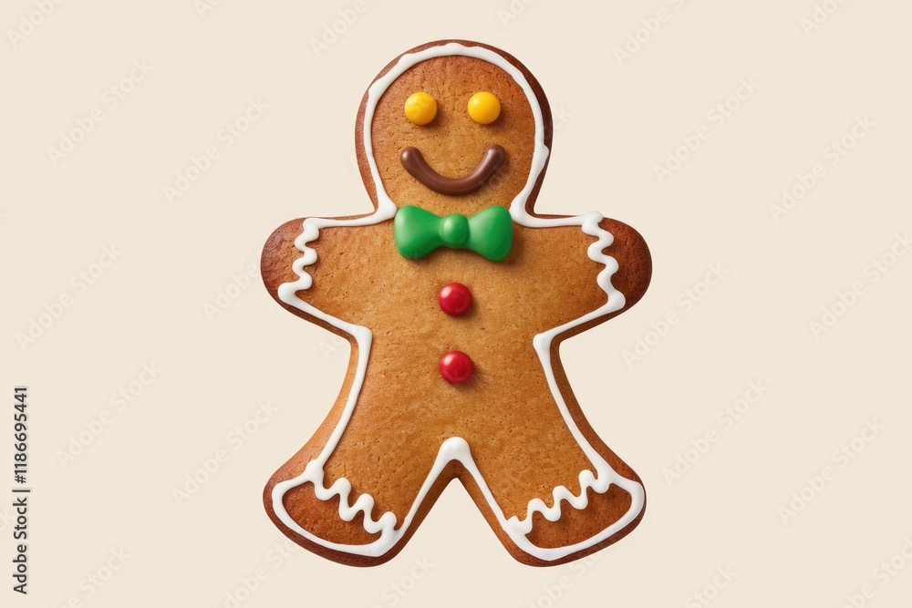 A cheerful gingerbread man cookie decorated with icing and candy. A cheerful gingerbread man cookie decorated with icing and candy.