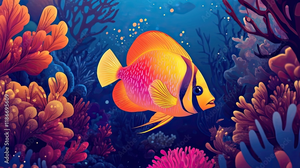 Fototapeta premium Vibrant Orange Fish Swims Among Colorful Coral Reef