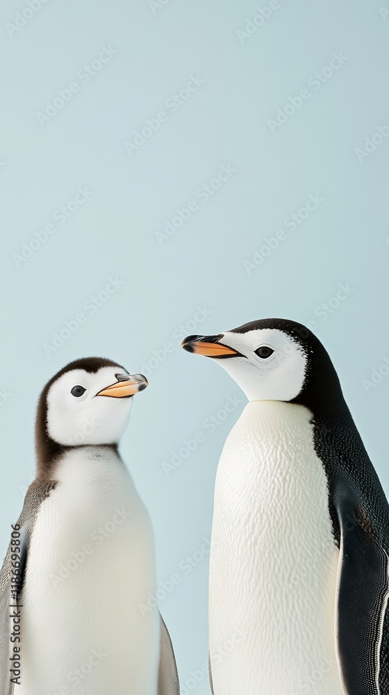Obraz premium A pair of baby penguins waddling on an icy surface with colorful auroras glowing in the sky for a magical and cute winter scene 