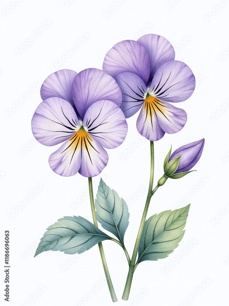 Fototapeta premium Delicate Watercolor Design Featuring A Purple Pansy Flower Also Known As Viola Tricolor In A Banner Layout With Space To Write. 00002