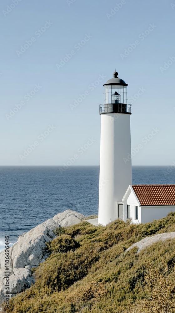 A scenic lighthouse perched on a rocky cliff overlooking a vast blue ocean with waves crashing below for a coastal beach destination A scenic lighthouse perched on a rocky cliff overlooking a vast blue ocean with waves crashing below for a coastal beach destination