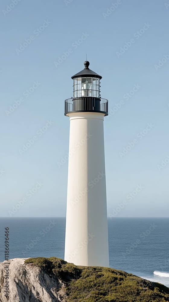 A scenic lighthouse perched on a rocky cliff overlooking a vast blue ocean with waves crashing below for a coastal beach destination A scenic lighthouse perched on a rocky cliff overlooking a vast blue ocean with waves crashing below for a coastal beach destination