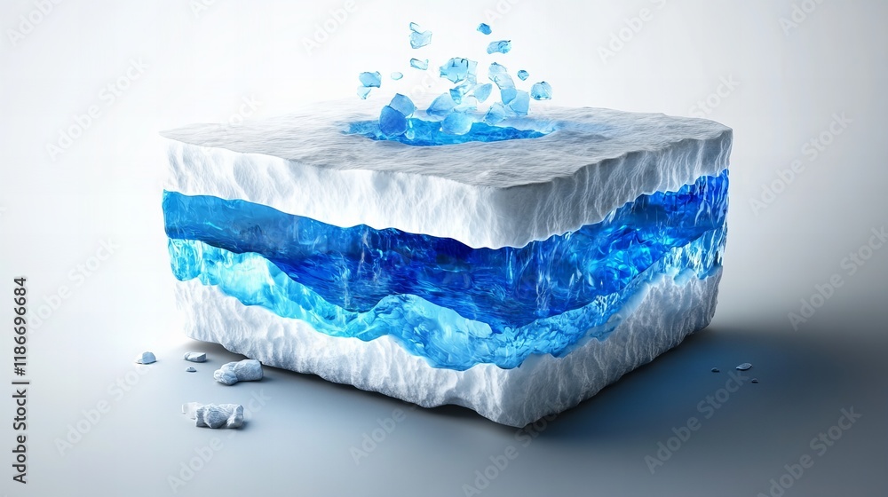Obraz premium A mesmerizing 3D render of a block of ice, showcasing vibrant blue water within its layers. The image evokes a sense of coolness and fragility.