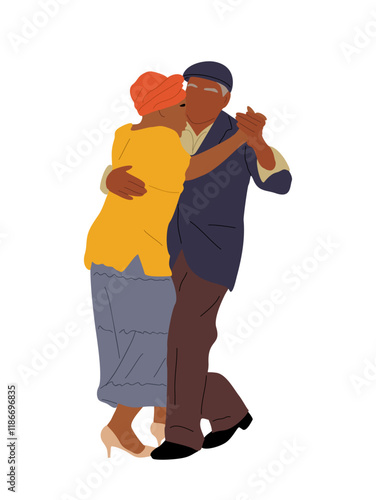 Senior couple dancing latina dance, tango, salsa. Elderly man and woman hugging in dancing pose. Vector flat illustration isolated on transparent background