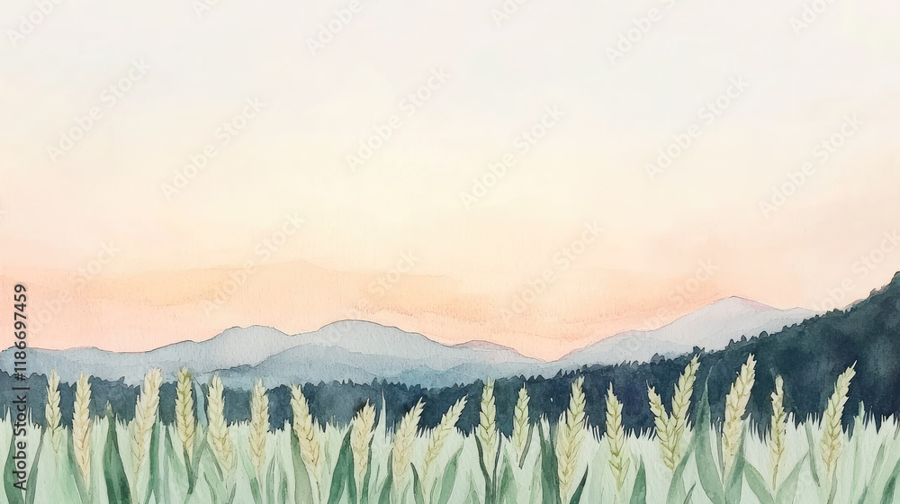 Fototapeta premium Serene landscape with mountains and wheat field at sunset