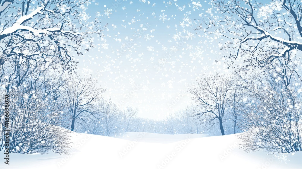 Snowy winter forest path, snowfall, idyllic background, holiday card Snowy winter forest path, snowfall, idyllic background, holiday card