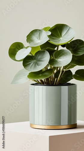 A vibrant Chinese Money Plant with its signature round glossy leaves in a gold trimmed pot set against a pastel background for an elegant design  photo