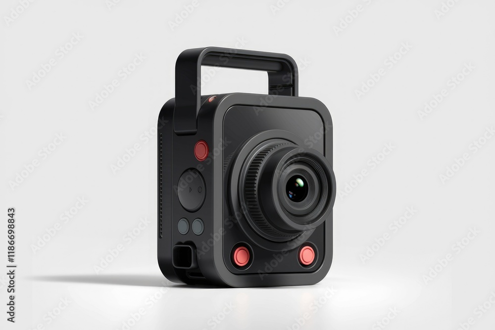 Compact black camera with a handle, buttons, and a lens, ideal for filming. Compact black camera with a handle, buttons, and a lens, ideal for filming.