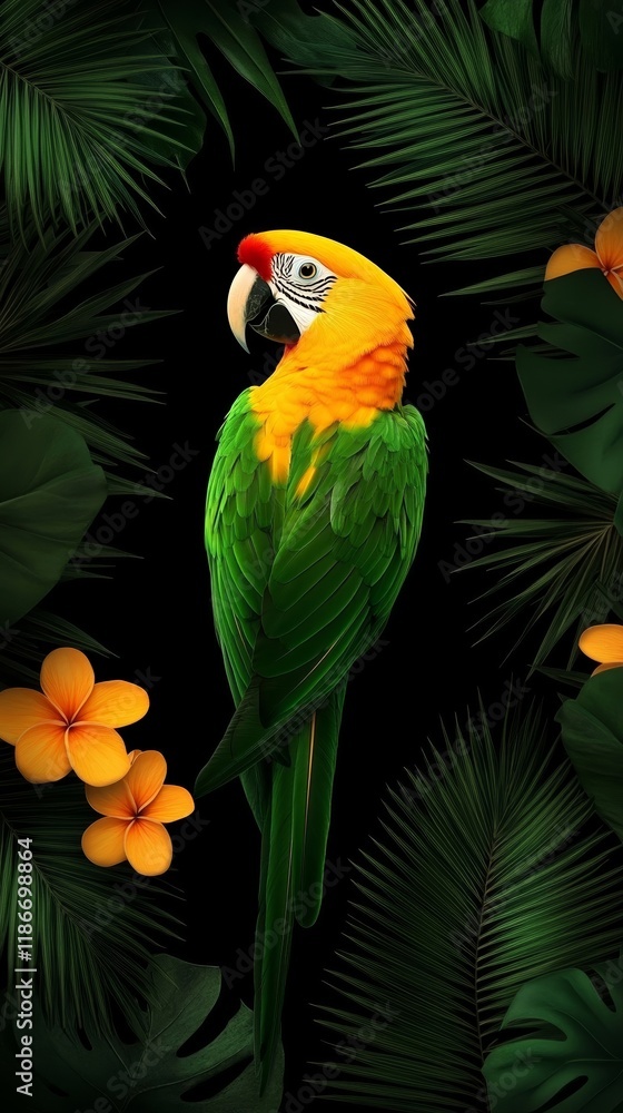 Fototapeta premium A vibrant parrot surrounded by colorful tropical flowers and jungle greenery on a bold black background for a striking phone wallpaper 