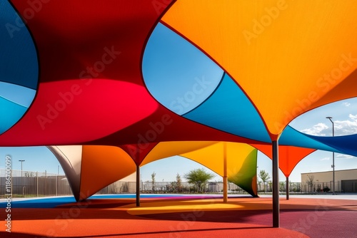 A UV-safe playground with colorful shade structures, ensuring children play safely under the sun