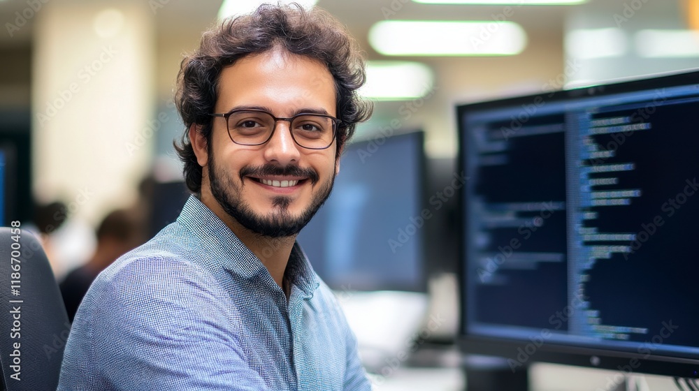 Fototapeta premium Coding Confidence: A young software developer confidently looks at the camera with a radiant smile, immersed in the world of coding, reflected in the monitor behind him.
