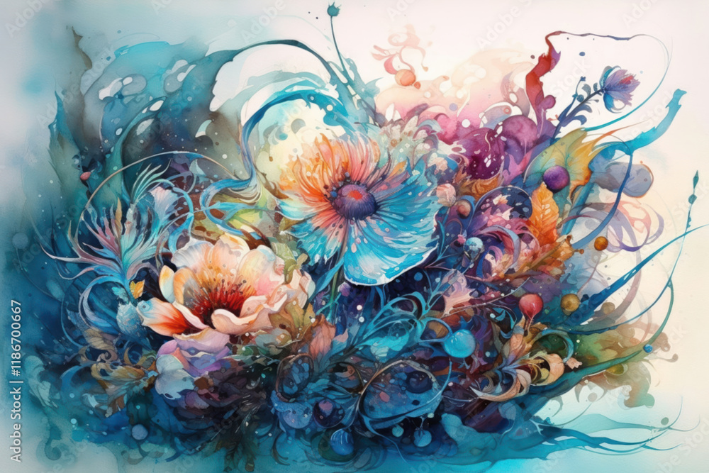 Obraz premium the clearing is full of the rarest and most magnificent bioluminescent fantasy flowers, rich vibrant colors gorgeous flowers created from dreams., watercolor painting , Generative AI