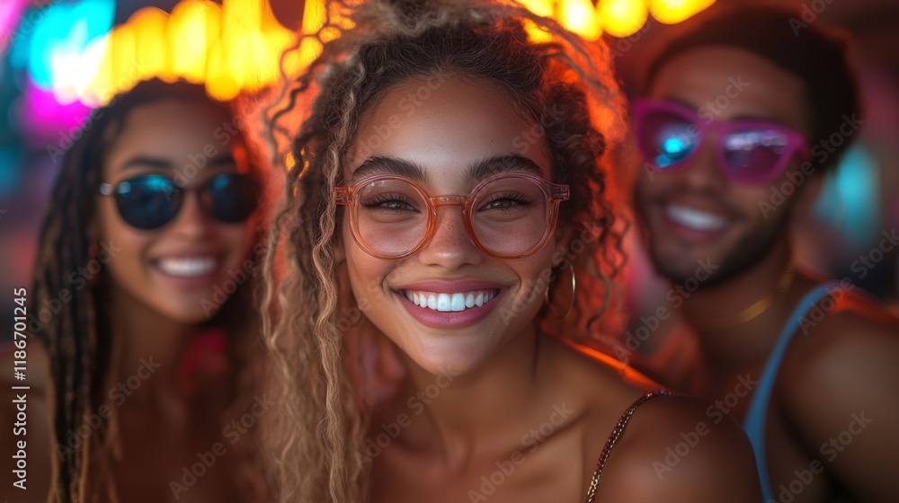 Friends gather at a lively location filled with colorful neon lights, sharing laughter and enjoying each other's company while wearing sunglasses. Friends gather at a lively location filled with colorful neon lights, sharing laughter and enjoying each other's company while wearing sunglasses.