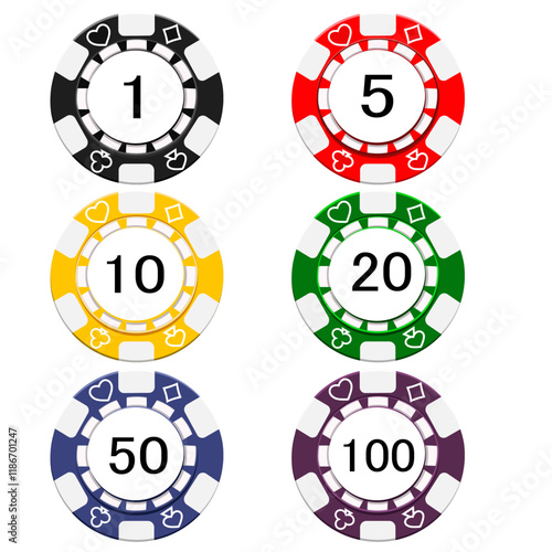 Poker chips in denominations from one to one thousand