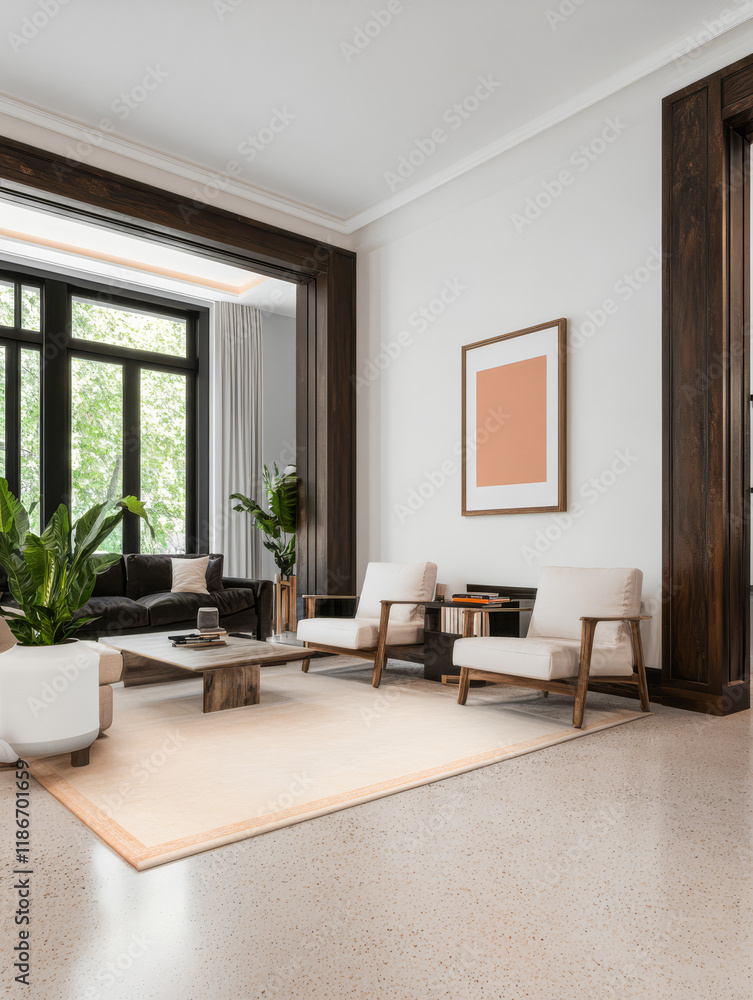 Fototapeta premium Modern living room design featuring large windows and minimalist decor in a stylish home