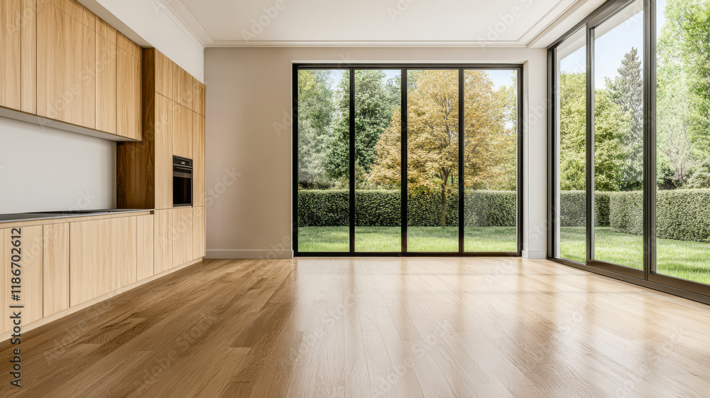 Fototapeta premium Modern open space kitchen and living area with large windows showcasing a garden view