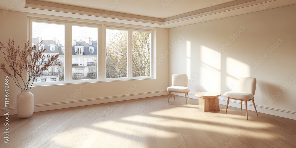 Fototapeta premium Bright and airy interior with large windows and minimalist furniture in a cozy setting