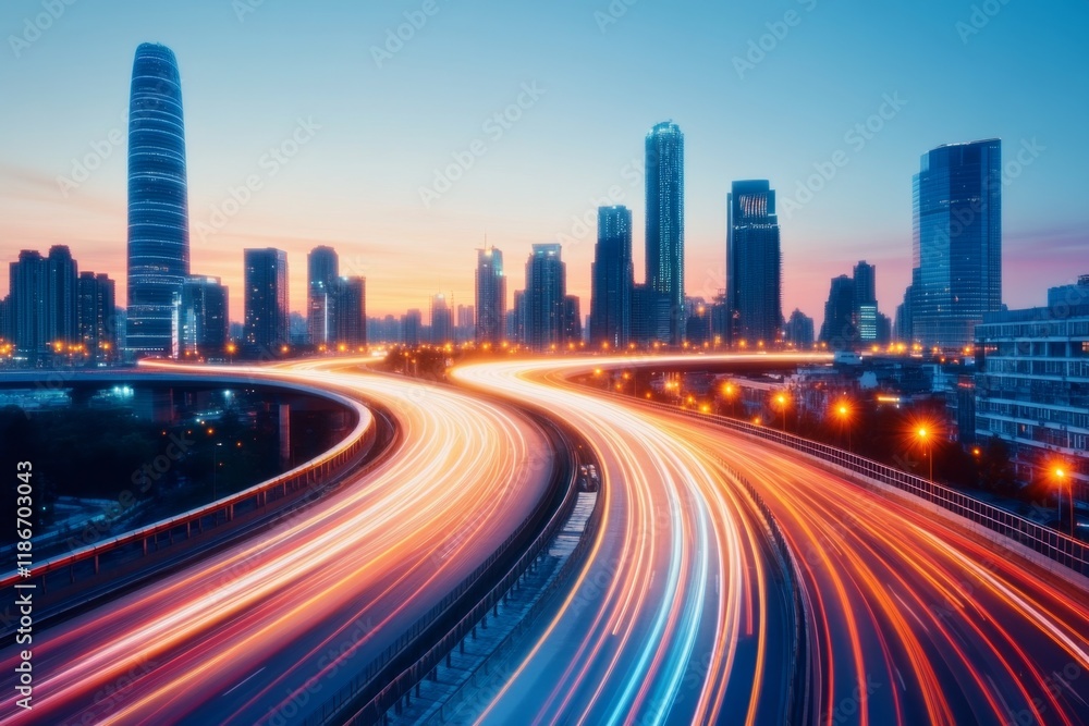 Obraz premium An elevated view of a busy freeway winding through a dense urban area, with headlights creating light trails