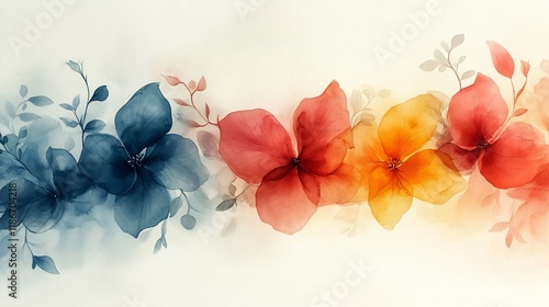 Watercolor Floral Arrangement in Hues of Blue Red and Orange