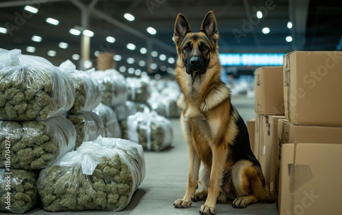 A detailed indoor photograph of a German Shepherd dog sitting beside large bags of cannabis at Miami International Airport, surrounded by cardboard boxes wrapped in white plastic.  photo