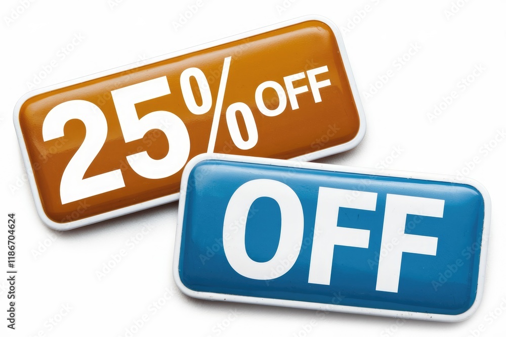 Two rectangular signs display 25% OFF sale promotion. Two rectangular signs display 25% OFF sale promotion.