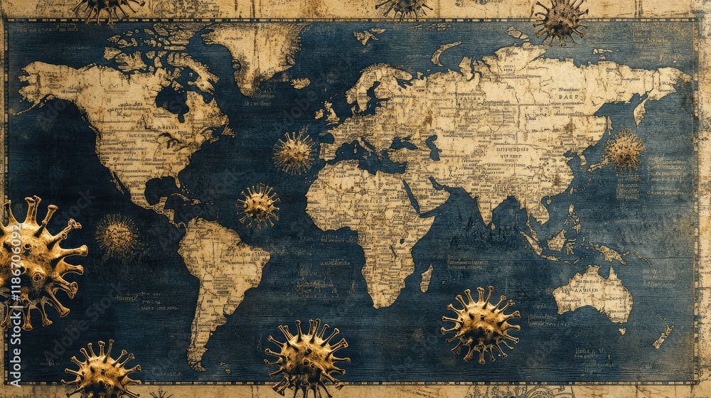 Naklejka premium Ancient map showing viral outbreaks, [historical pandemics, visual storytelling], a blend of cartography and virology histor