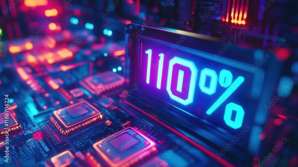 Neon 100% display on futuristic circuit board. Neon 100% display on futuristic circuit board.