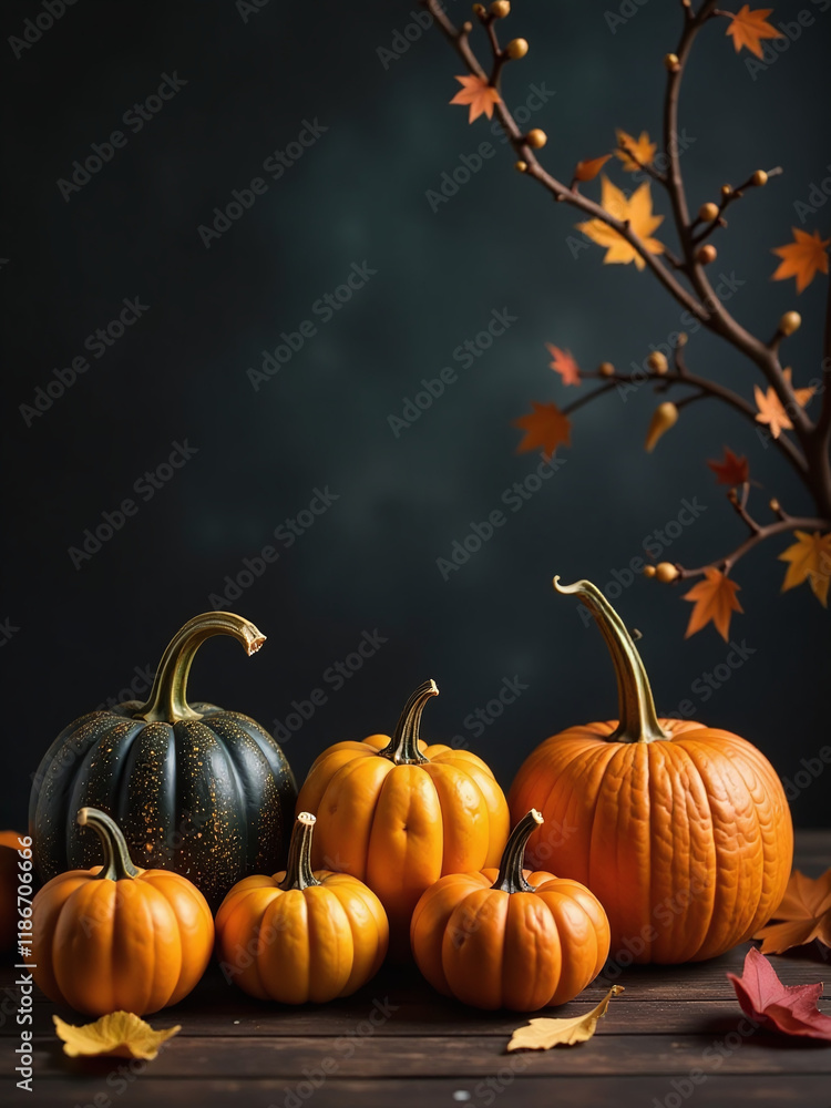Cozy Autumnal Scene Featuring A Collection Of Yellow And Black Pumpkins Against A Dark Fall Background With Eerie Atmosphere. 00003 Cozy Autumnal Scene Featuring A Collection Of Yellow And Black Pumpkins Against A Dark Fall Background With Eerie Atmosphere. 00003