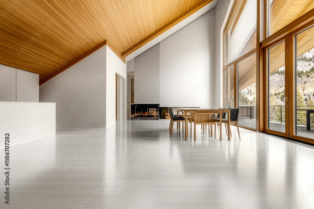 Modern living space with large windows and wooden accents in a serene mountain setting Modern living space with large windows and wooden accents in a serene mountain setting
