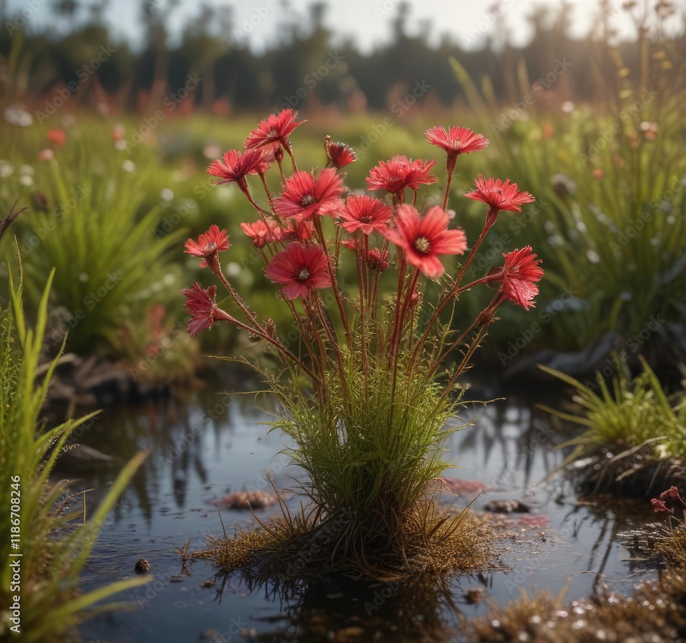 A full view of a mature Drosera rotundifolia plant growing in a marshy environment, Wetland Plant, Surrey UK, Mature Plant A full view of a mature Drosera rotundifolia plant growing in a marshy environment, Wetland Plant, Surrey UK, Mature Plant