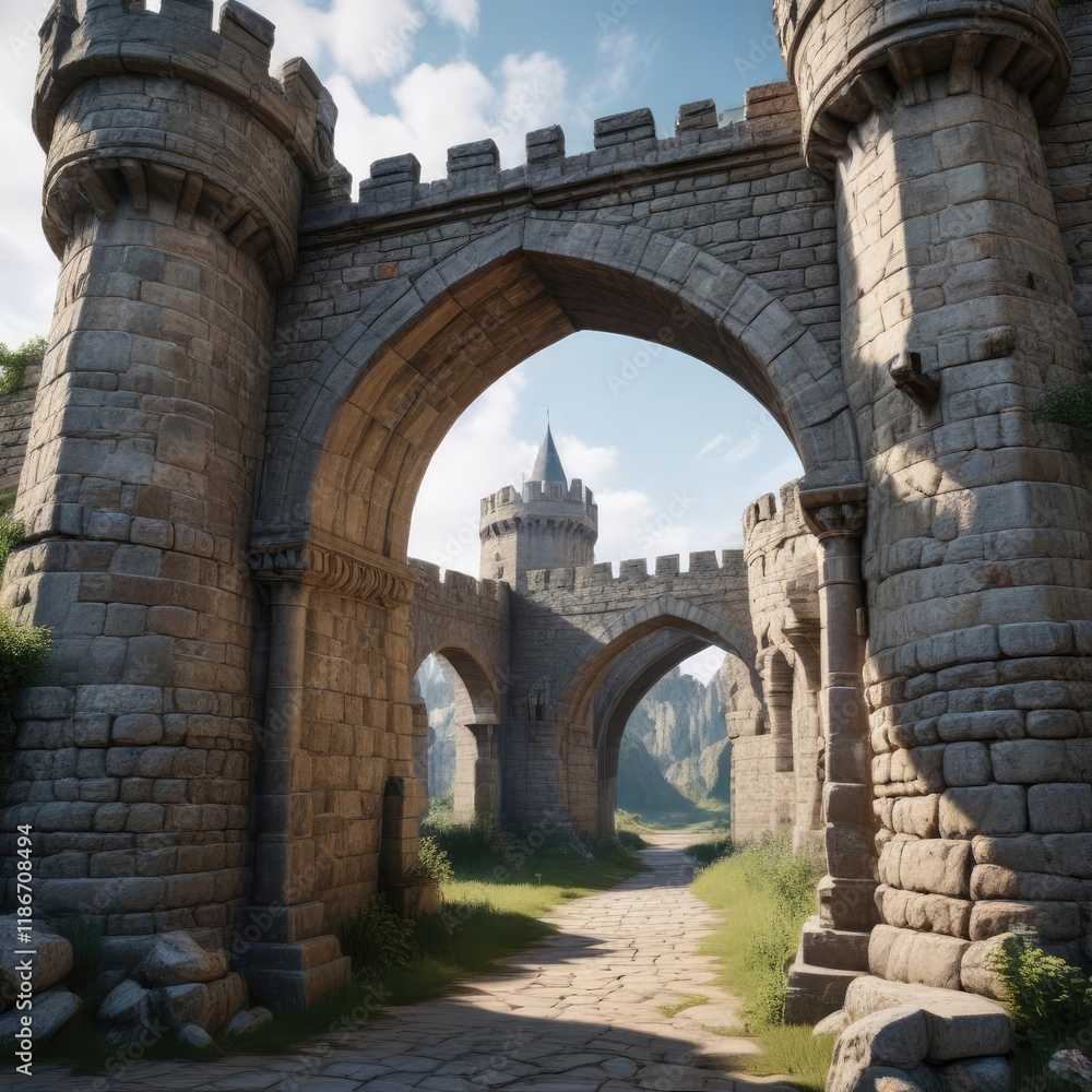 A fortified fortress with a pointed arch and battlements, medieval stone wall, defensive walls, gothic architecture A fortified fortress with a pointed arch and battlements, medieval stone wall, defensive walls, gothic architecture