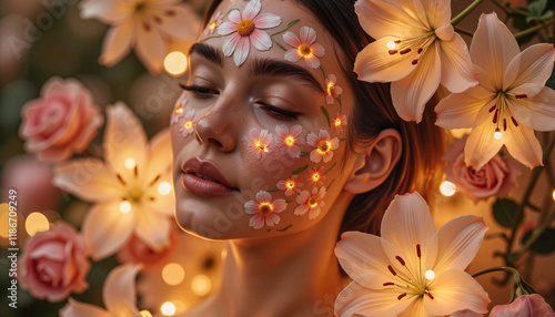 Woman with floral face art surrounded by flowers and lights, International Women's Day