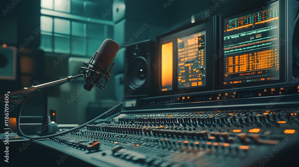 Fototapeta premium Professional recording studio equipment with microphone and mixing console